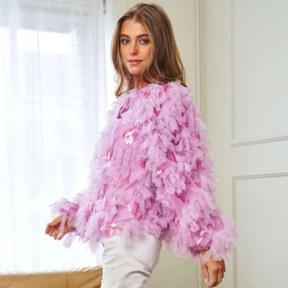 💥SHOWSTOPPER💥Jazzy 20's Flapper Style Fluffy Tiered Sequined Jacket in Pink - Picture 9 of 16